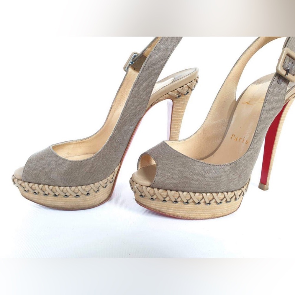 Christian Louboutin Taupe Canvas Indiana Slingback Platform pumps - Picture 3 of 8